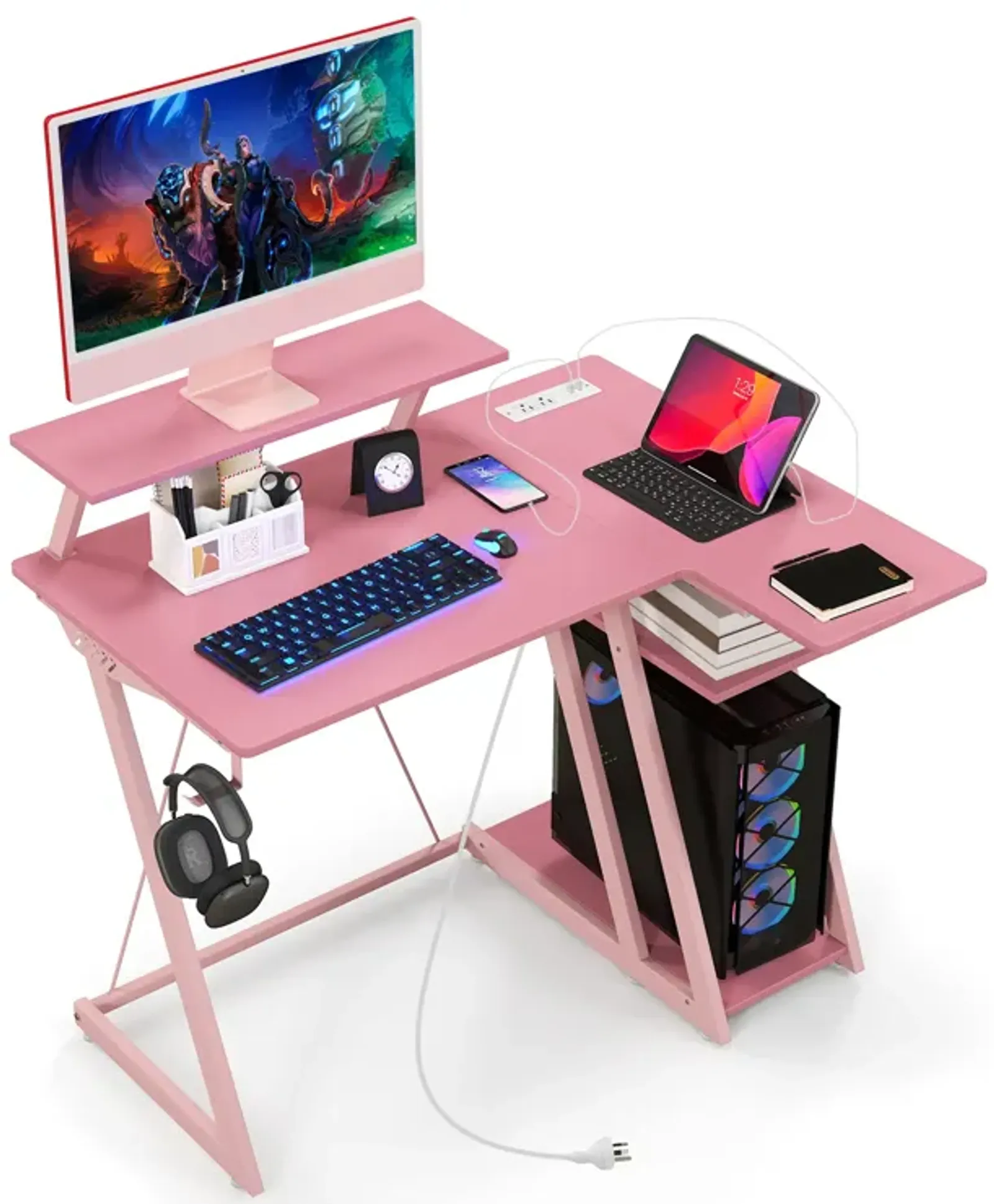 L Shaped Gaming Desk with Outlets and USB Ports