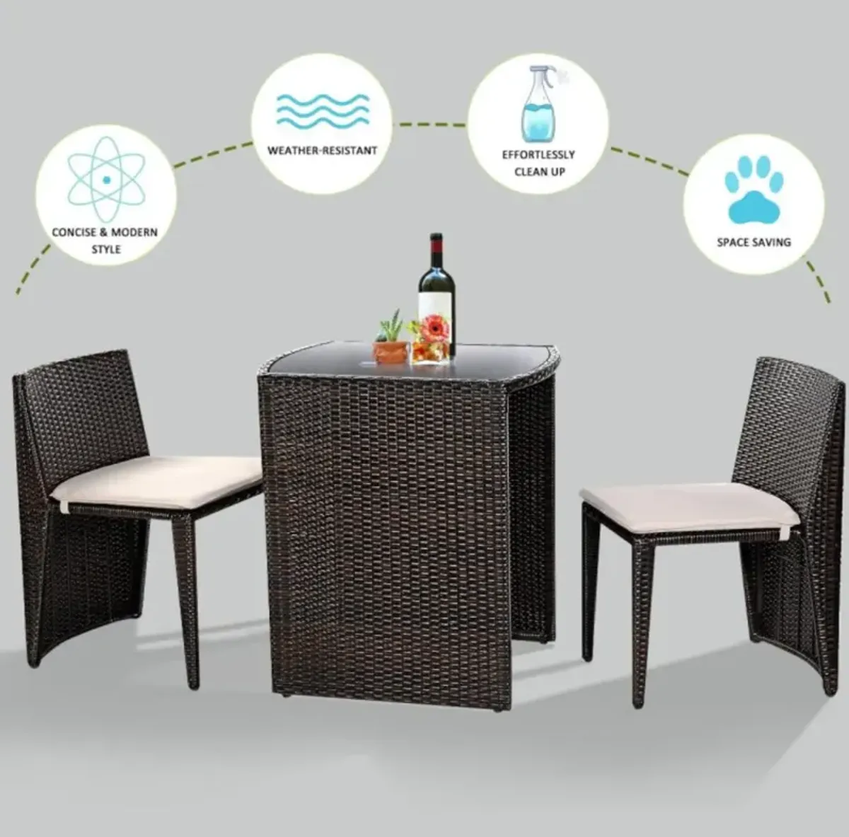 Hivvago 3 Pieces Cushioned Wicker Patio Bistro Set with No Assembly Needed