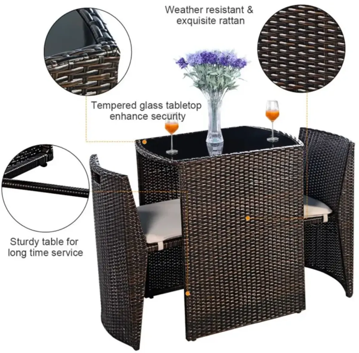 Hivvago 3 Pieces Cushioned Wicker Patio Bistro Set with No Assembly Needed