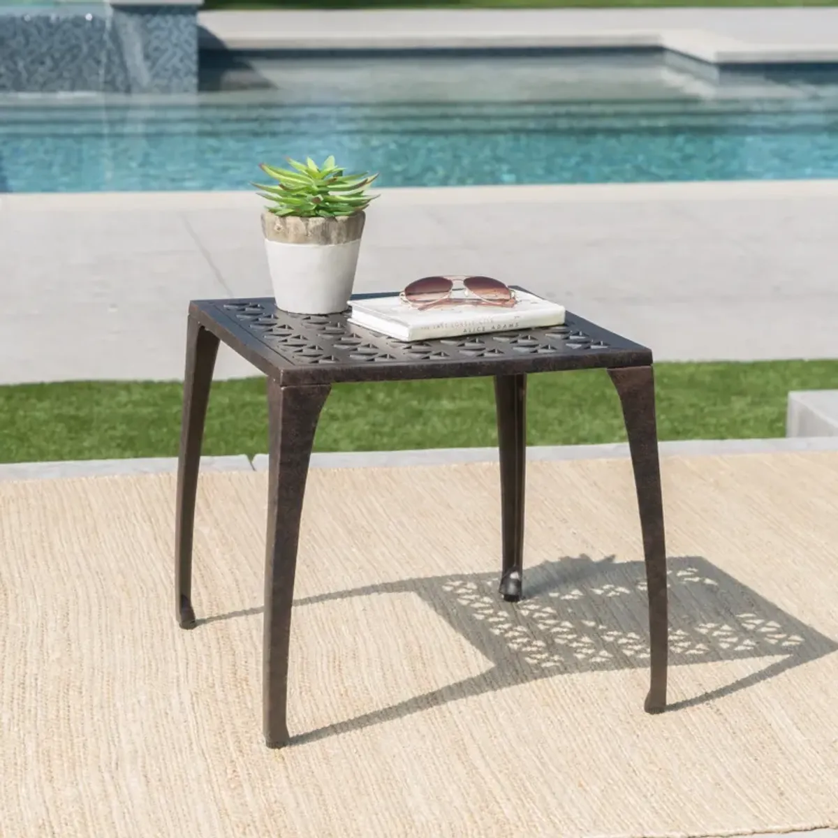 Elegant Cast Aluminum Patio Side Table with Grillwork Top