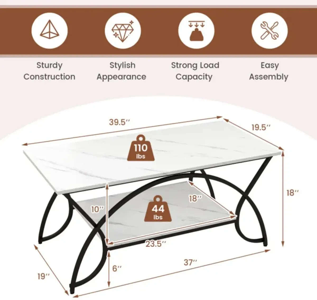 Hivvago 2-Tier Faux Marble Coffee Table with Marble Top and Metal Frame