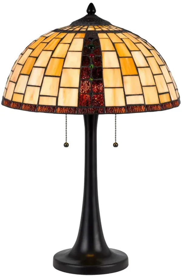 24 Inch Table Lamp, Tiffany Style Stained Glass, Pull Chain, Black Resin - Benzara