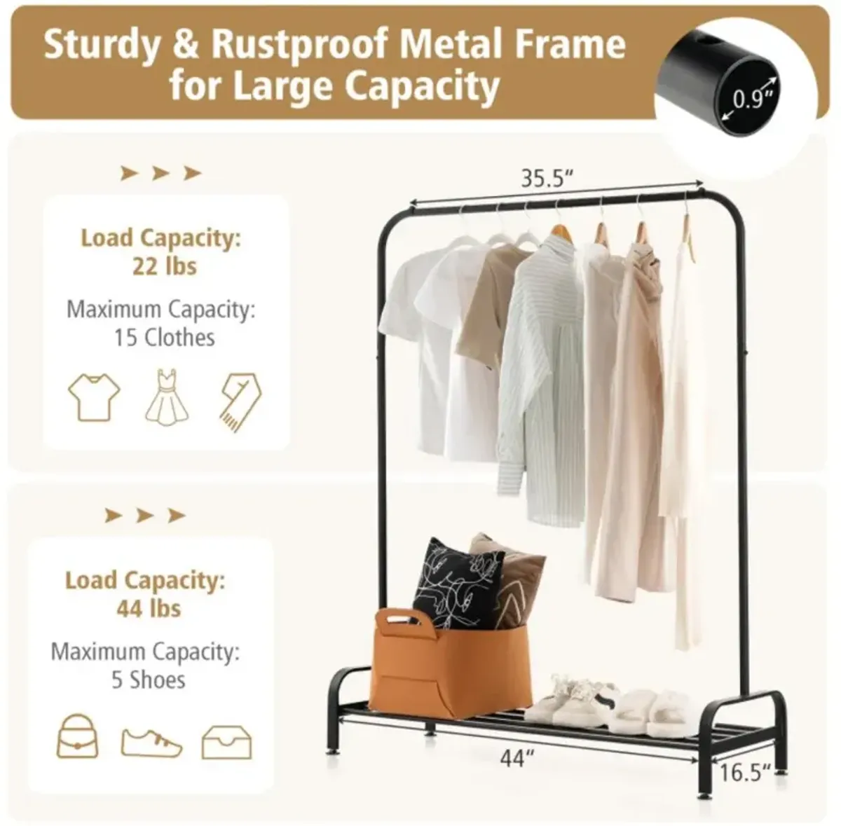 Hivvago Heavy Duty Clothes Stand Rack with Top Rod and Lower Storage Shelf