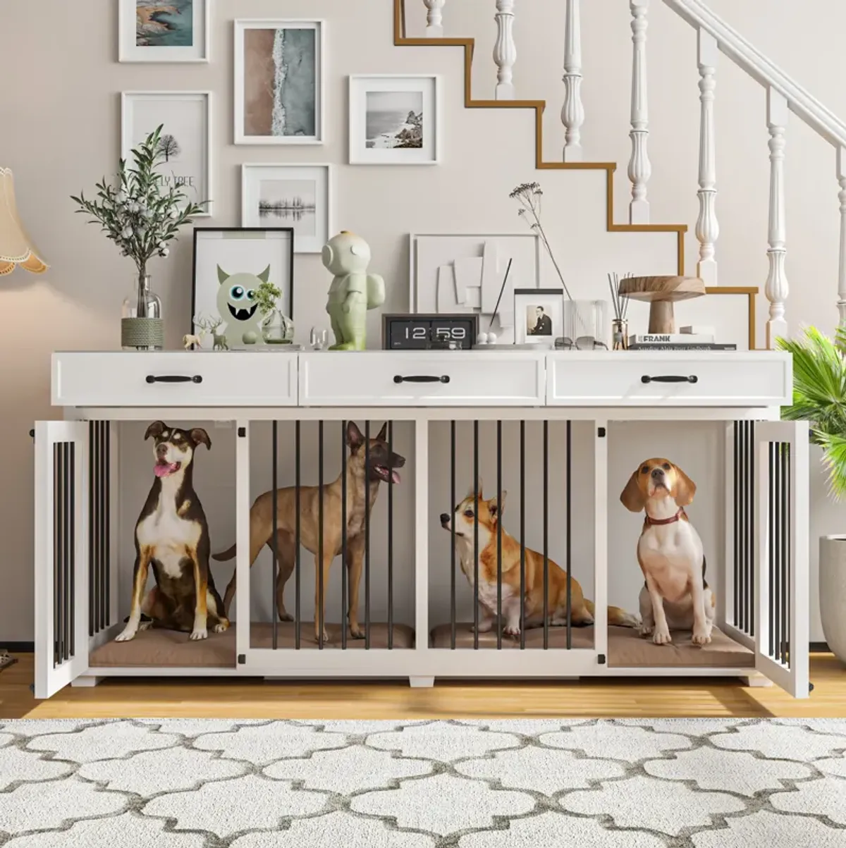 Large Dog Crate Furniture with 3-Drawers, Indoor Wooden Double Dog Crate Kennel Furniture for Small Medium Dogs