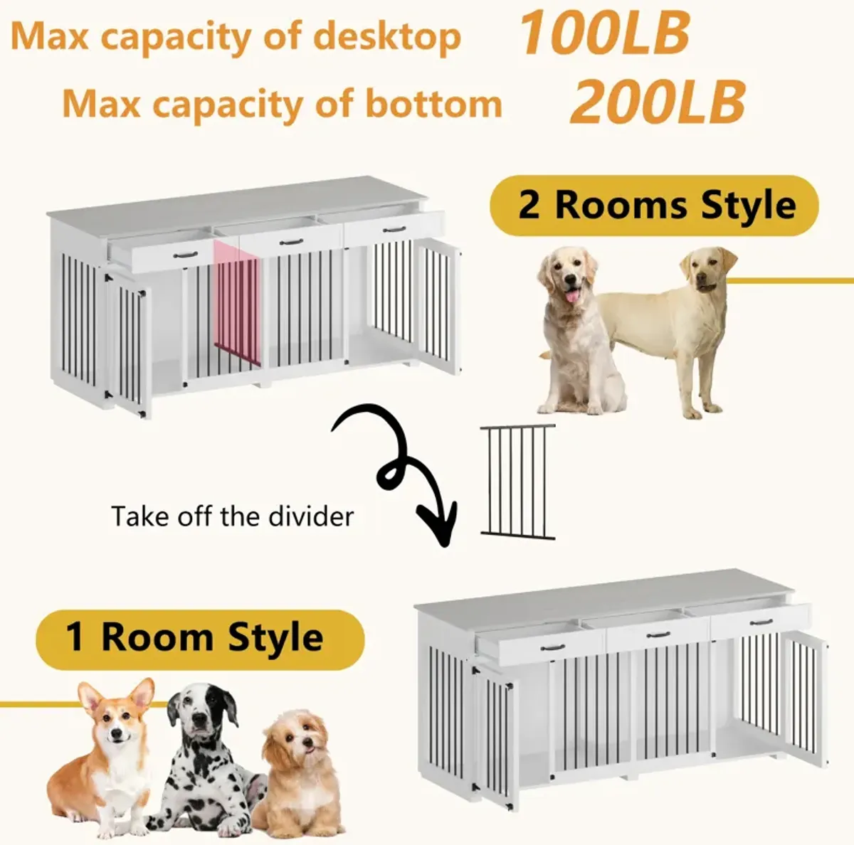 Large Dog Crate Furniture with 3-Drawers, Indoor Wooden Double Dog Crate Kennel Furniture for Small Medium Dogs