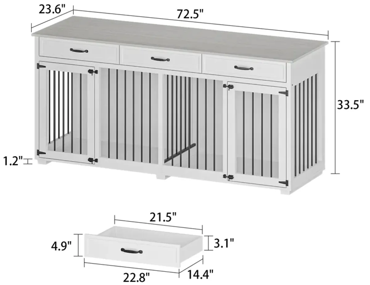 Large Dog Crate Furniture with 3-Drawers, Indoor Wooden Double Dog Crate Kennel Furniture for Small Medium Dogs