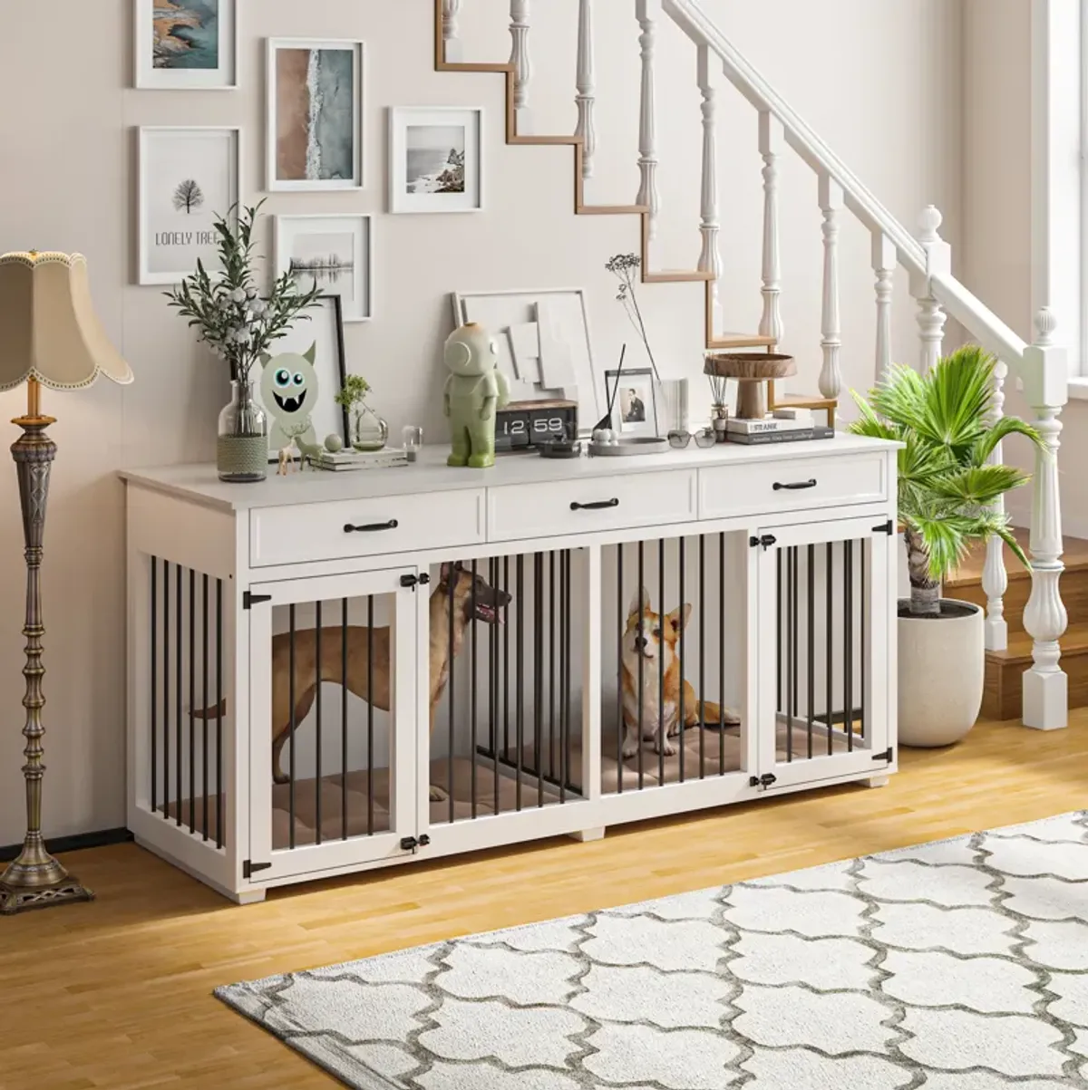 Large Dog Crate Furniture with 3-Drawers, Indoor Wooden Double Dog Crate Kennel Furniture for Small Medium Dogs