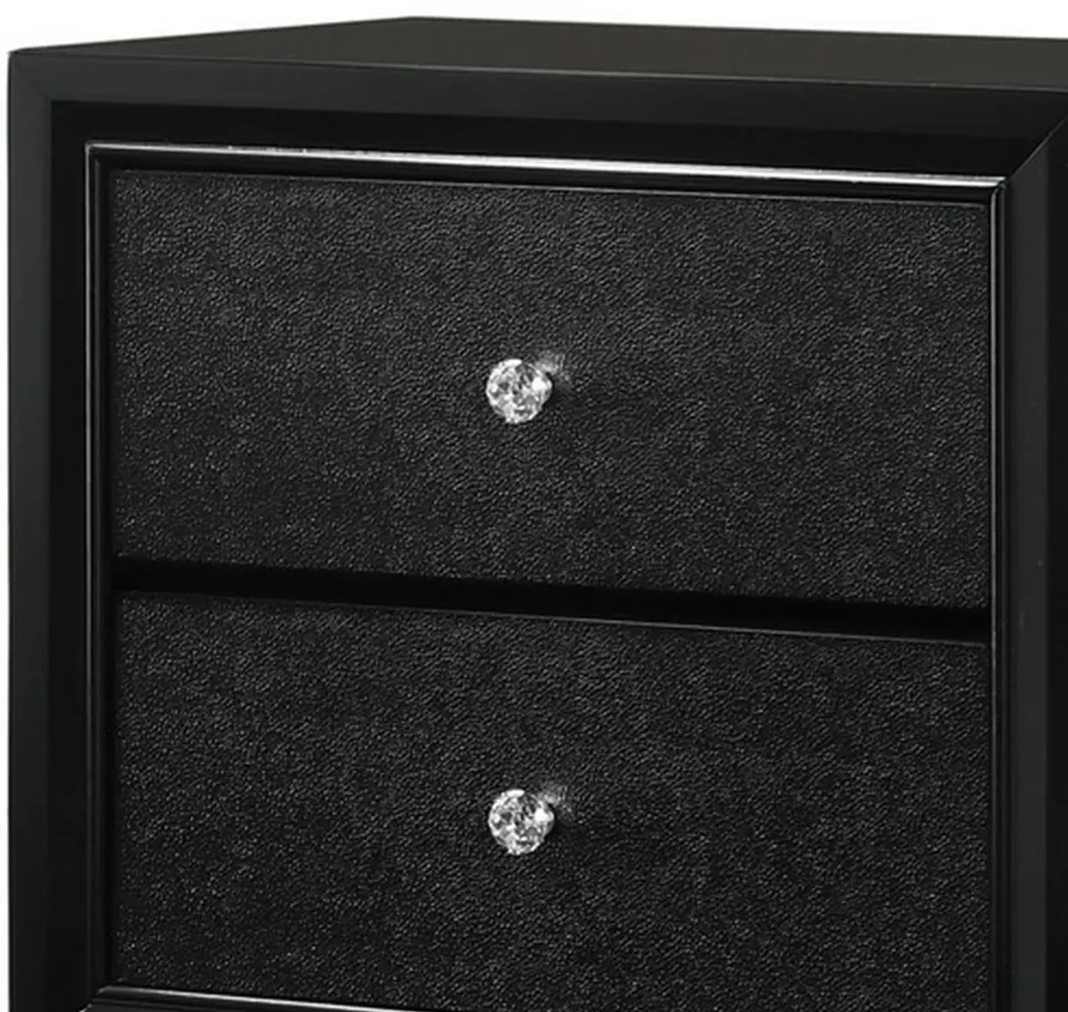 2 Drawer Wooden Nightstand with Textured Details and Crystal Pulls, Black-Benzara