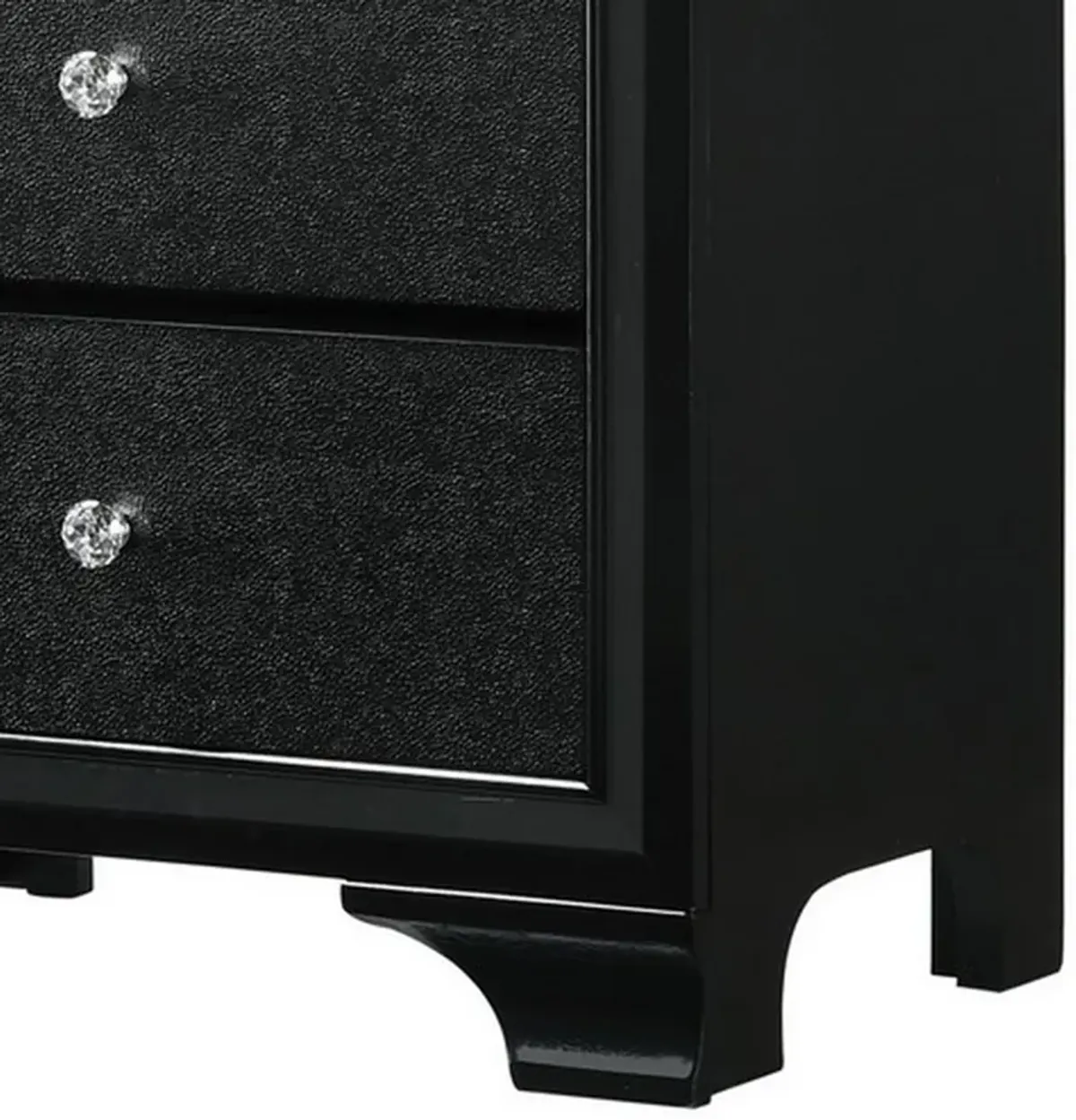 2 Drawer Wooden Nightstand with Textured Details and Crystal Pulls, Black-Benzara