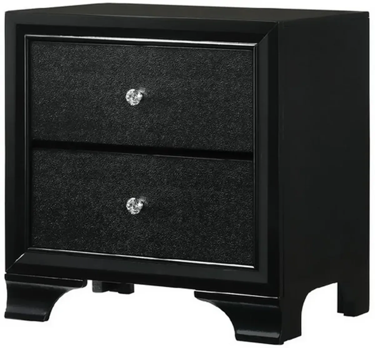 2 Drawer Wooden Nightstand with Textured Details and Crystal Pulls, Black-Benzara