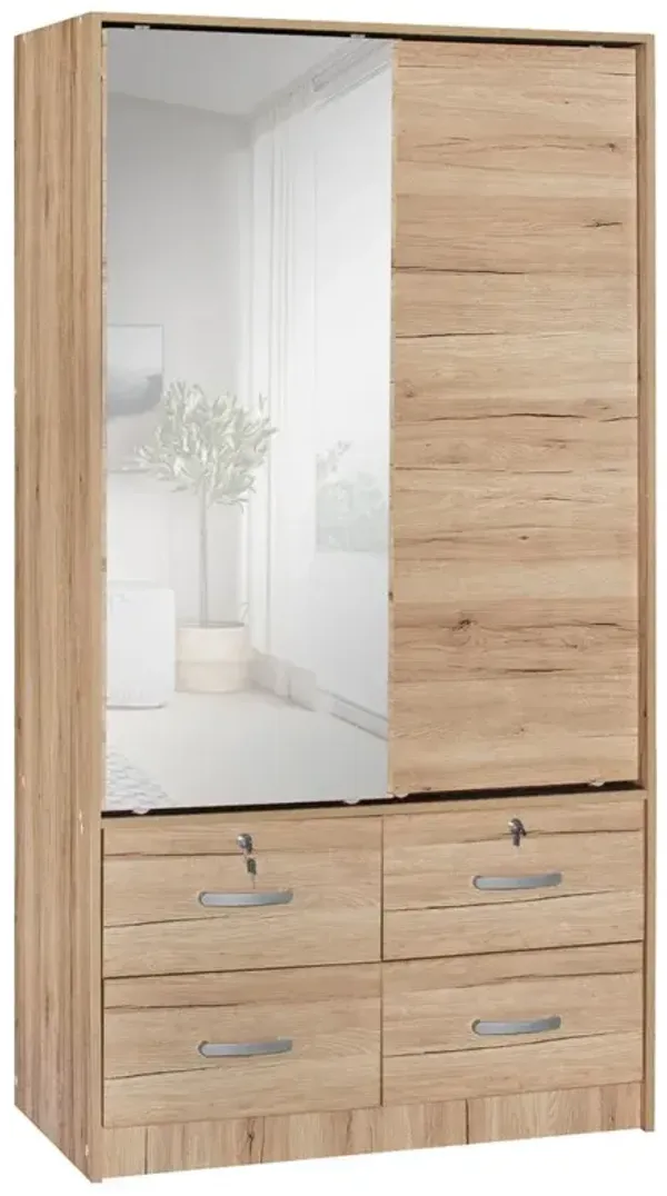 Better Home Products Sarah Double Sliding Door Armoire with Mirror Natural Oak