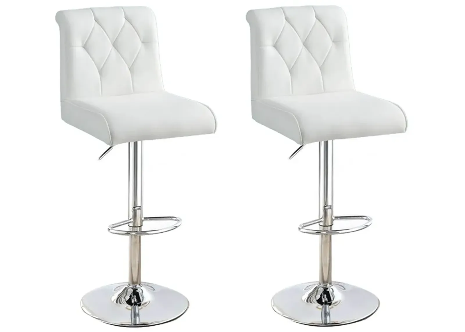 Adjustable Barstool with Rolled Button Tufted Back, Set of 2, White-Benzara