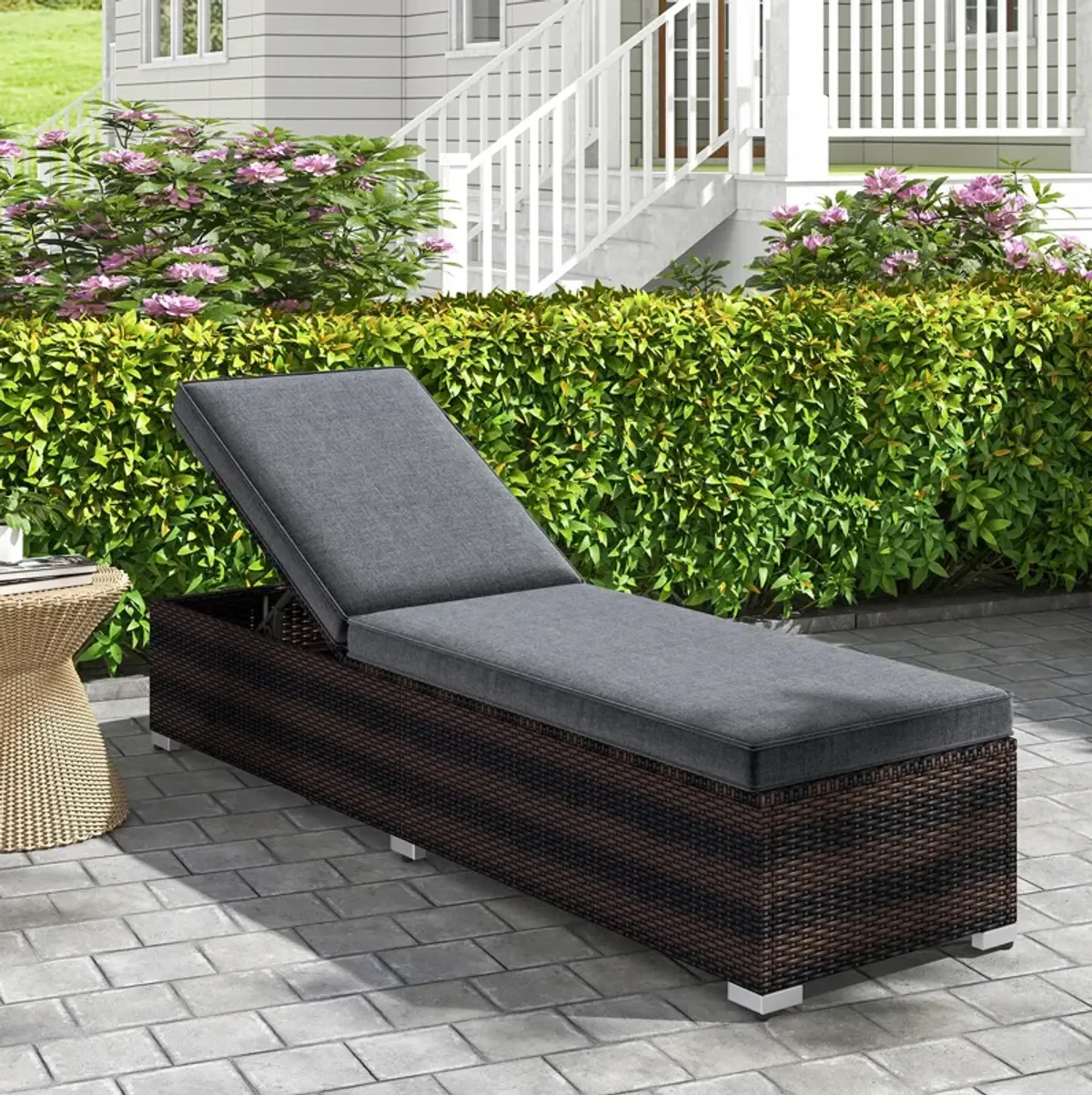 Patio Wicker Lounge Chair with 4-Level Adjustable Backrest and Long Seat Cushion