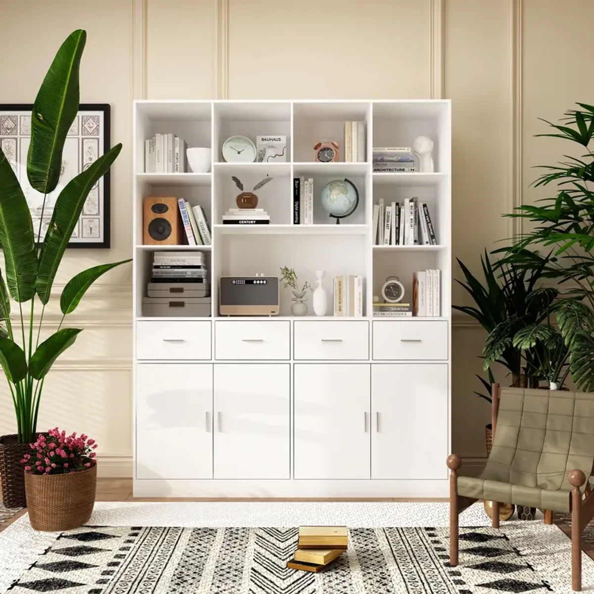 Modern Versatile Bookcase - 78.7" H X 63" W X 15.7" D - Stylish Multi-Compartment Storage With Drawers And Cabinets