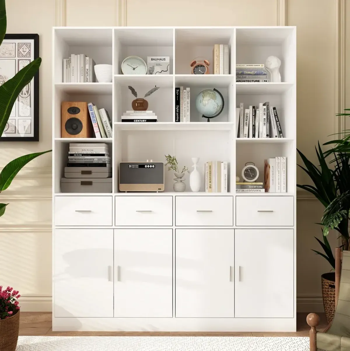 Modern Versatile Bookcase - 78.7" H X 63" W X 15.7" D - Stylish Multi-Compartment Storage With Drawers And Cabinets