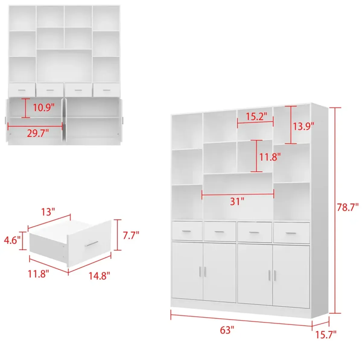 Modern Versatile Bookcase - 78.7" H X 63" W X 15.7" D - Stylish Multi-Compartment Storage With Drawers And Cabinets