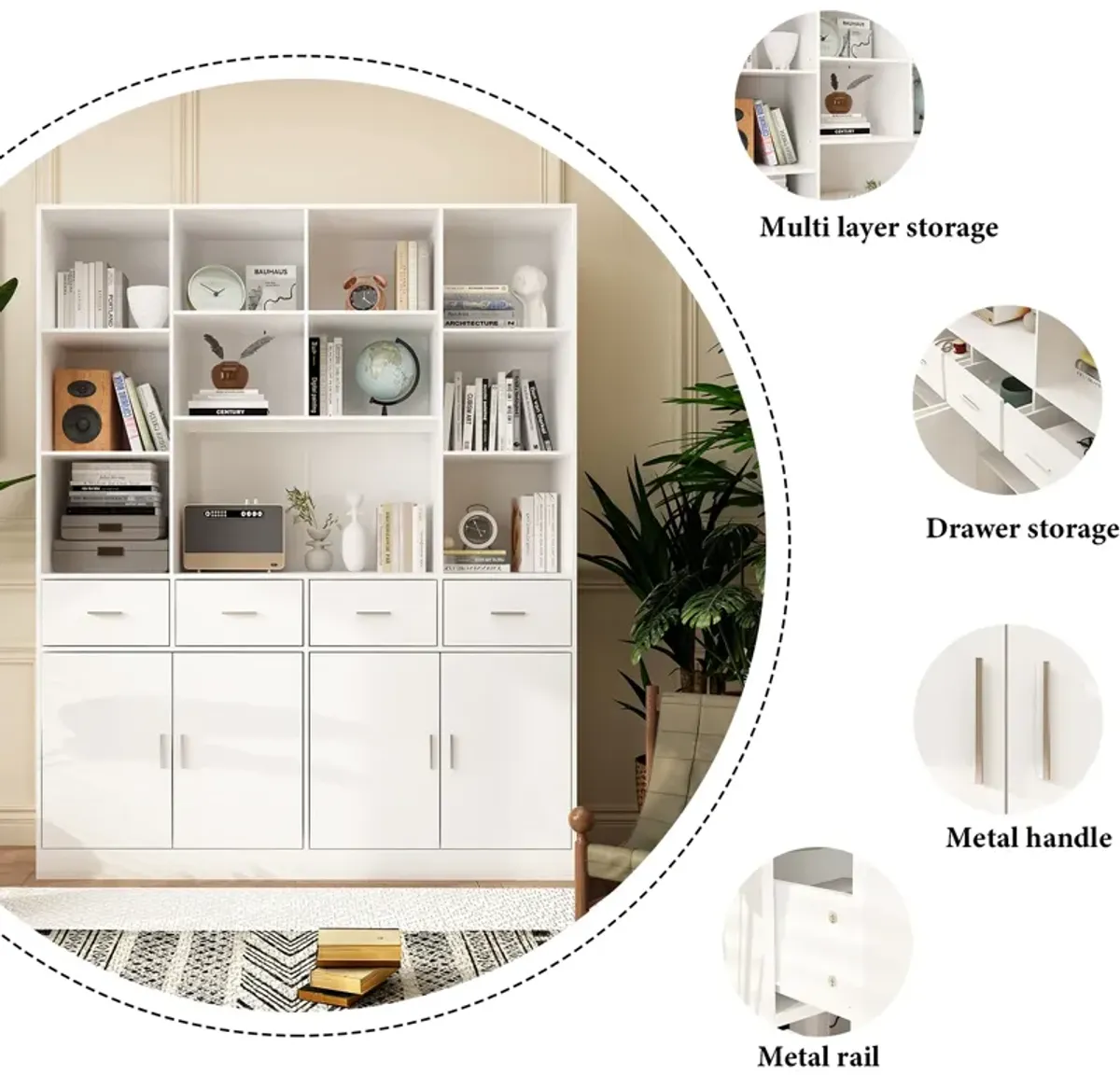 Modern Versatile Bookcase - 78.7" H X 63" W X 15.7" D - Stylish Multi-Compartment Storage With Drawers And Cabinets