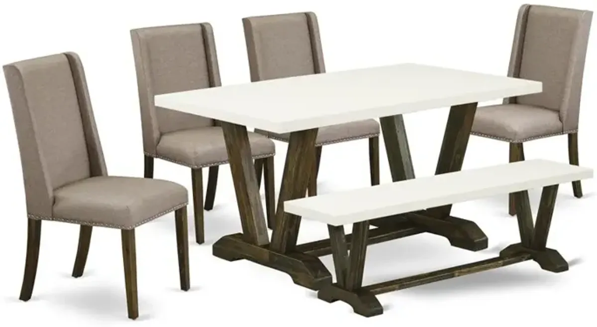 East West Furniture 6-Pc Mid Century Dining Table Set-Dark Khaki Linen Fabric Seat and High Stylish Chair Back Upholstered Dining chairs, A Rectangular Bench and Rectangular Top dining table with Hard