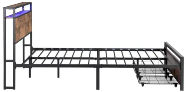 Bed Frame with Storage Headboard 2 Drawers LED Lights and Charging Station