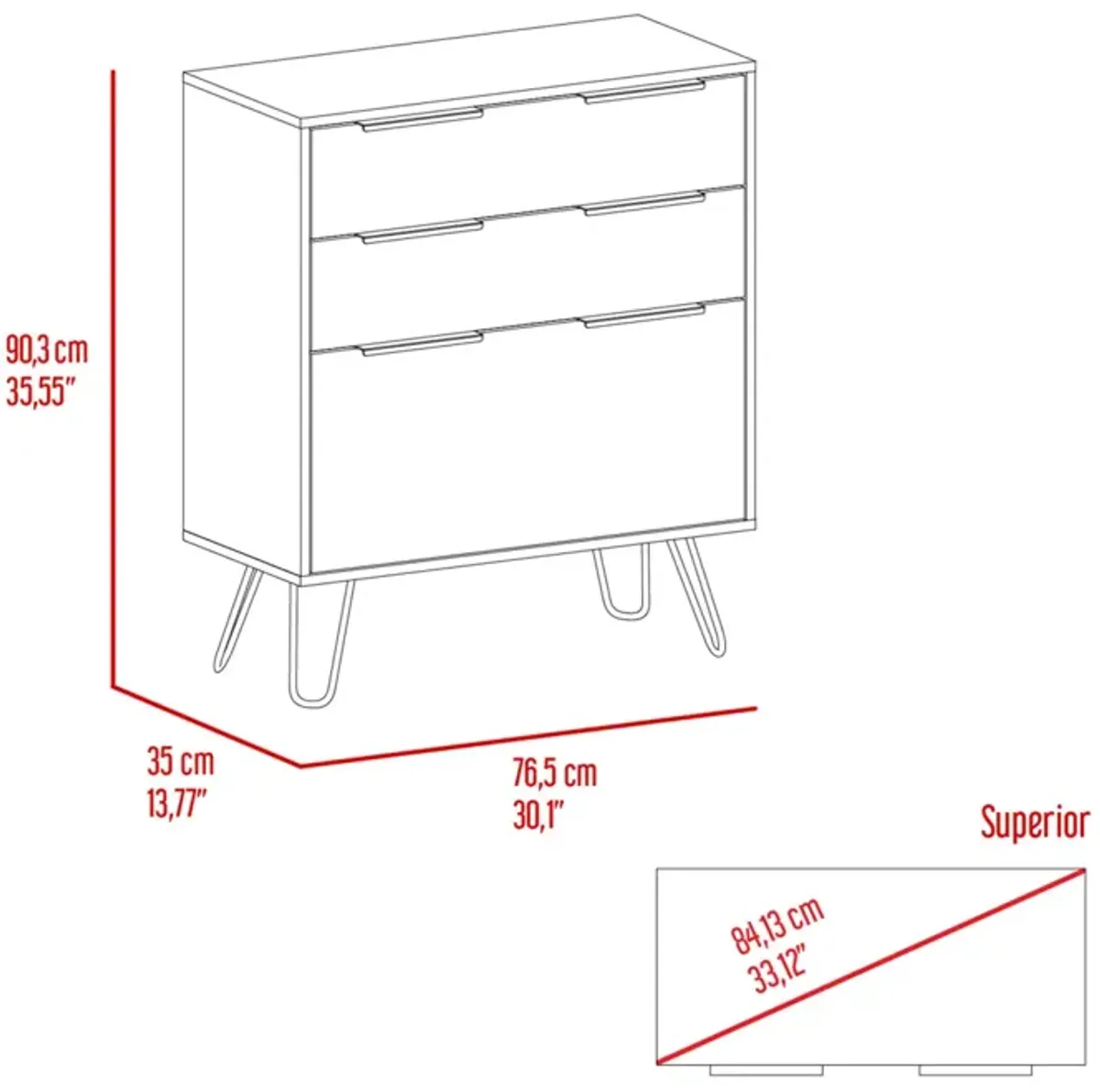 Augusta Dresser, Hairpin Legs, Three Drawers, Superior Top - Light Oak