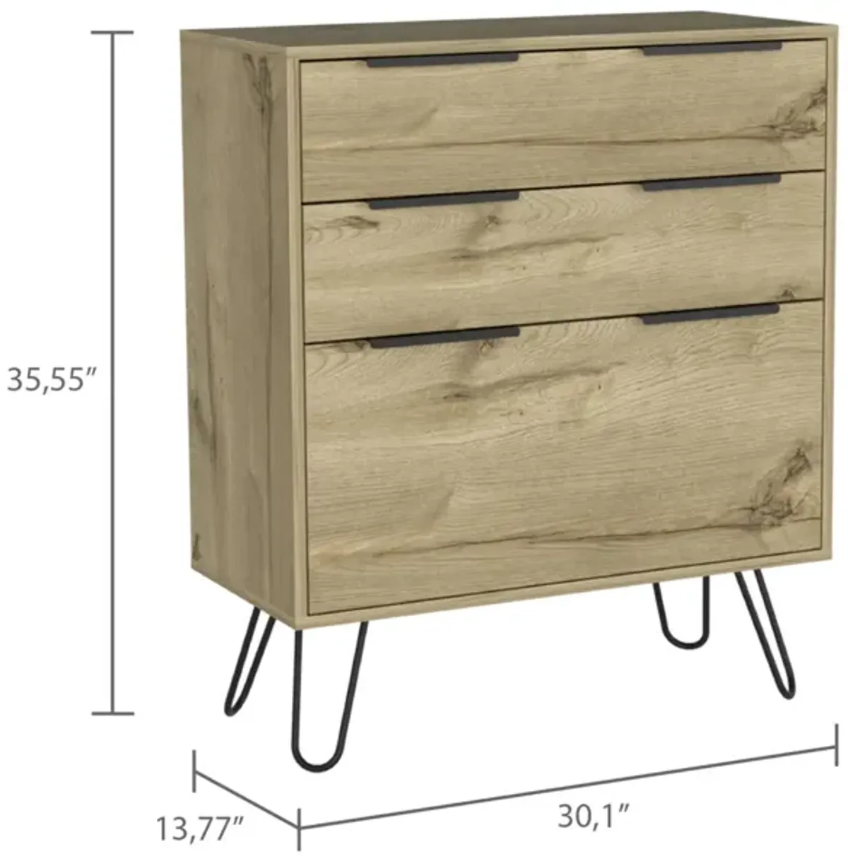 Augusta Dresser, Hairpin Legs, Three Drawers, Superior Top - Light Oak