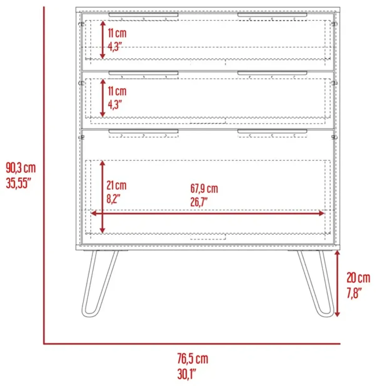 Augusta Dresser, Hairpin Legs, Three Drawers, Superior Top - Light Oak