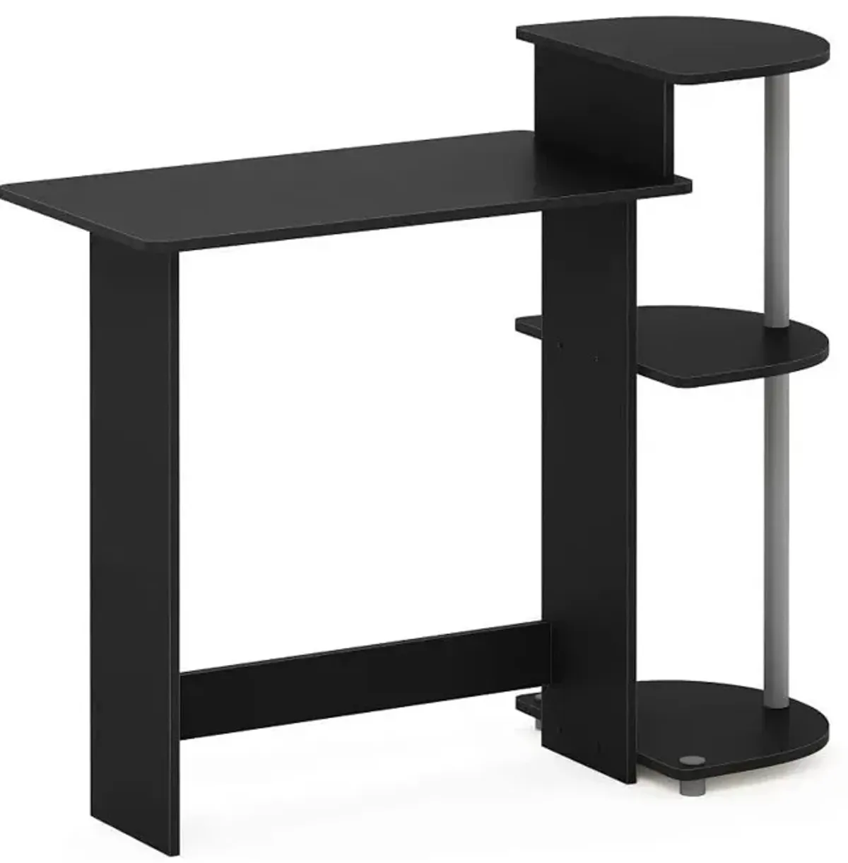 FURINNO Compact Computer Desk with Shelves, Round Side, Black/Grey
