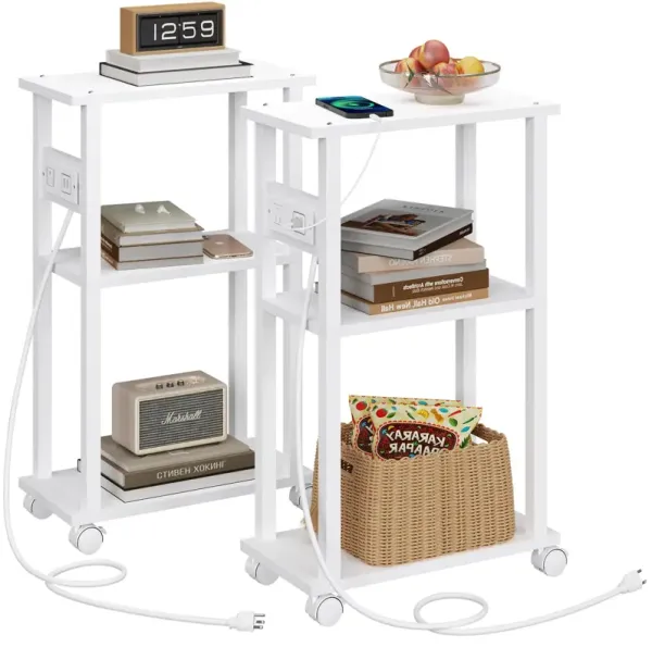 TUTOTAK Small Narrow Side Table with Charging Station, Set of 2 Skinny End Table for Small Spaces, Slim Nightstand with USB Port