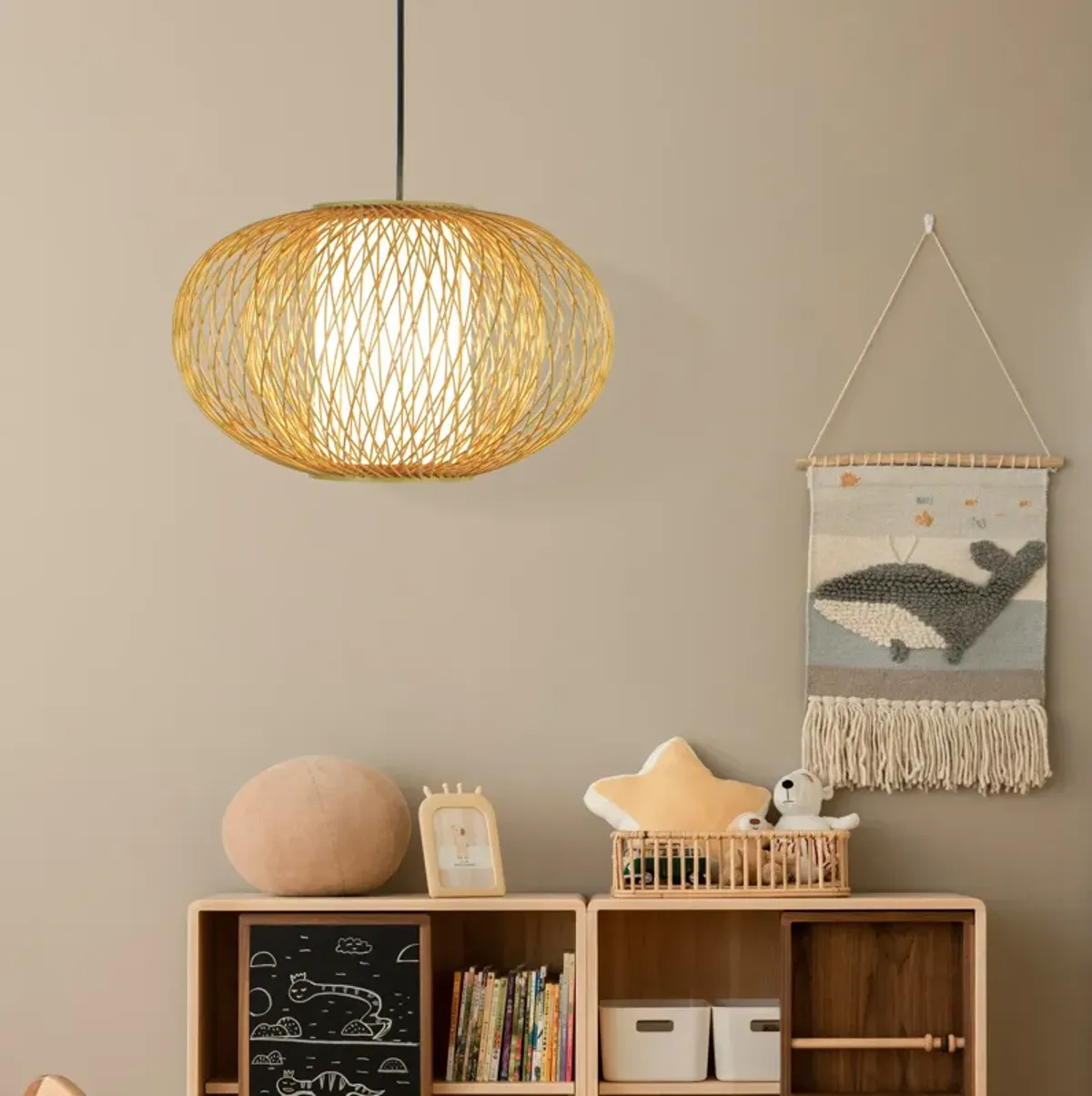 Handmade Modern Round Bamboo Wicker Rattan Lamp Hanging Light Shade, Small