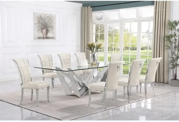 9pc Large(94") glass dining set with silver base and 8 Cream side chairs