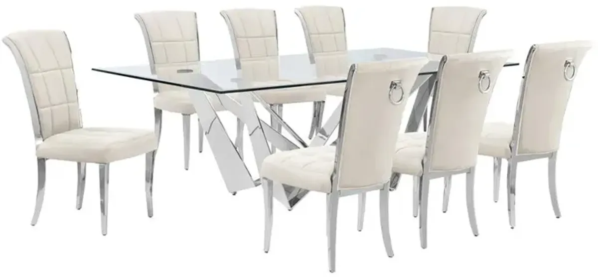 9pc Large(94") glass dining set with silver base and 8 Cream side chairs