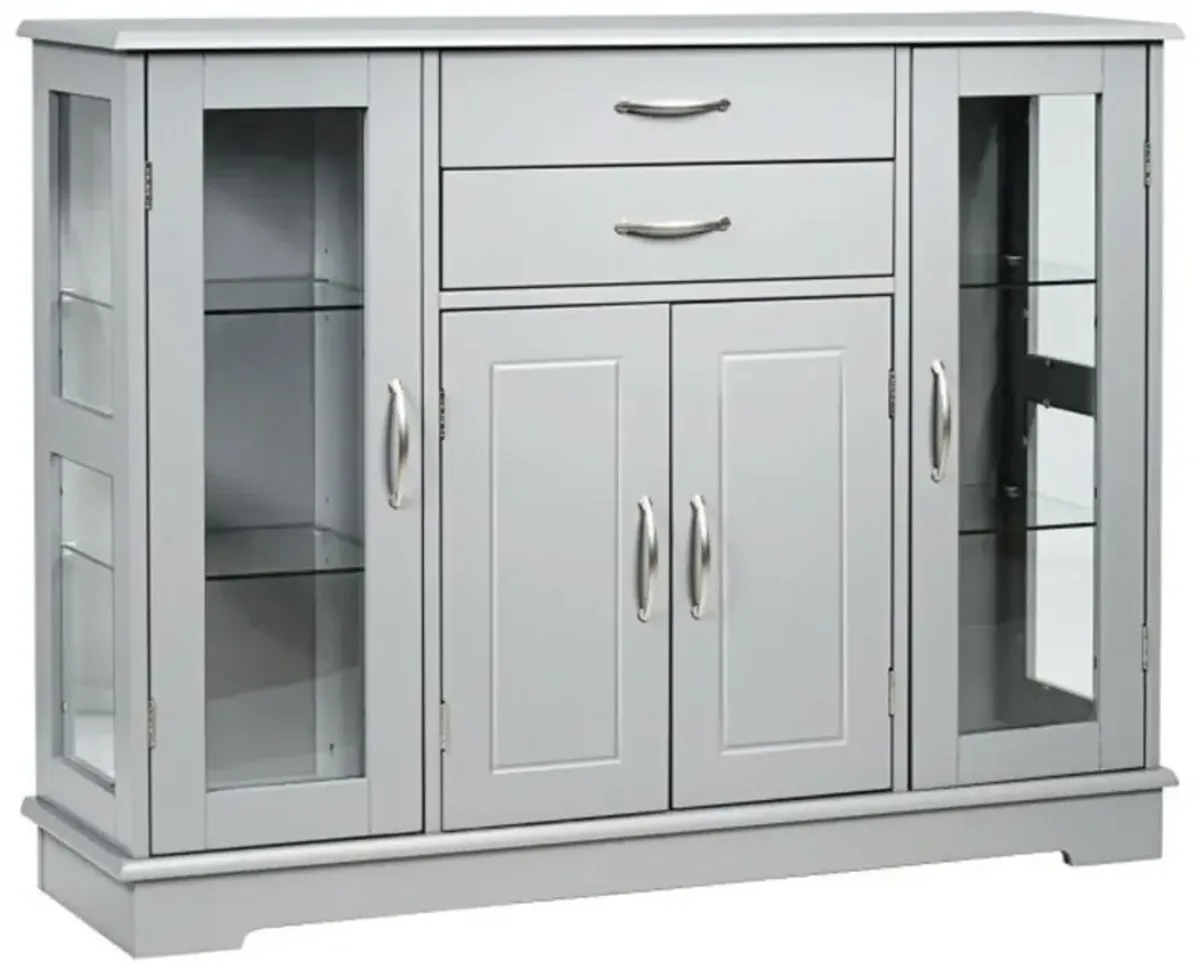 Hivvago Grey Wood Buffet Sideboard Cabinet with Glass Display Doors