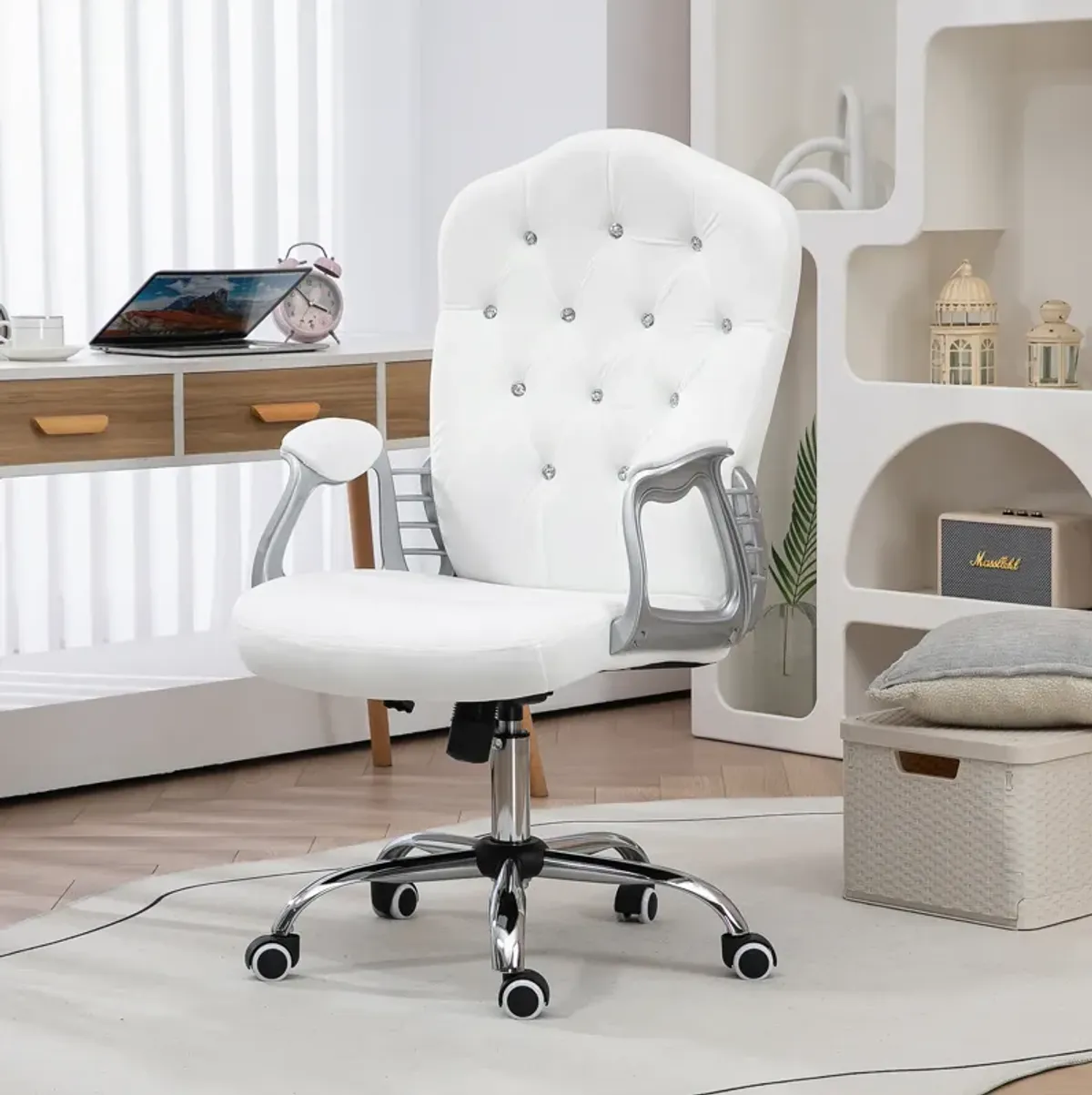 Vinsetto Home Office Chair, Velvet Computer Chair, Button Tufted Desk Chair with Swivel Wheels, Adjustable Height, and Tilt Function, White