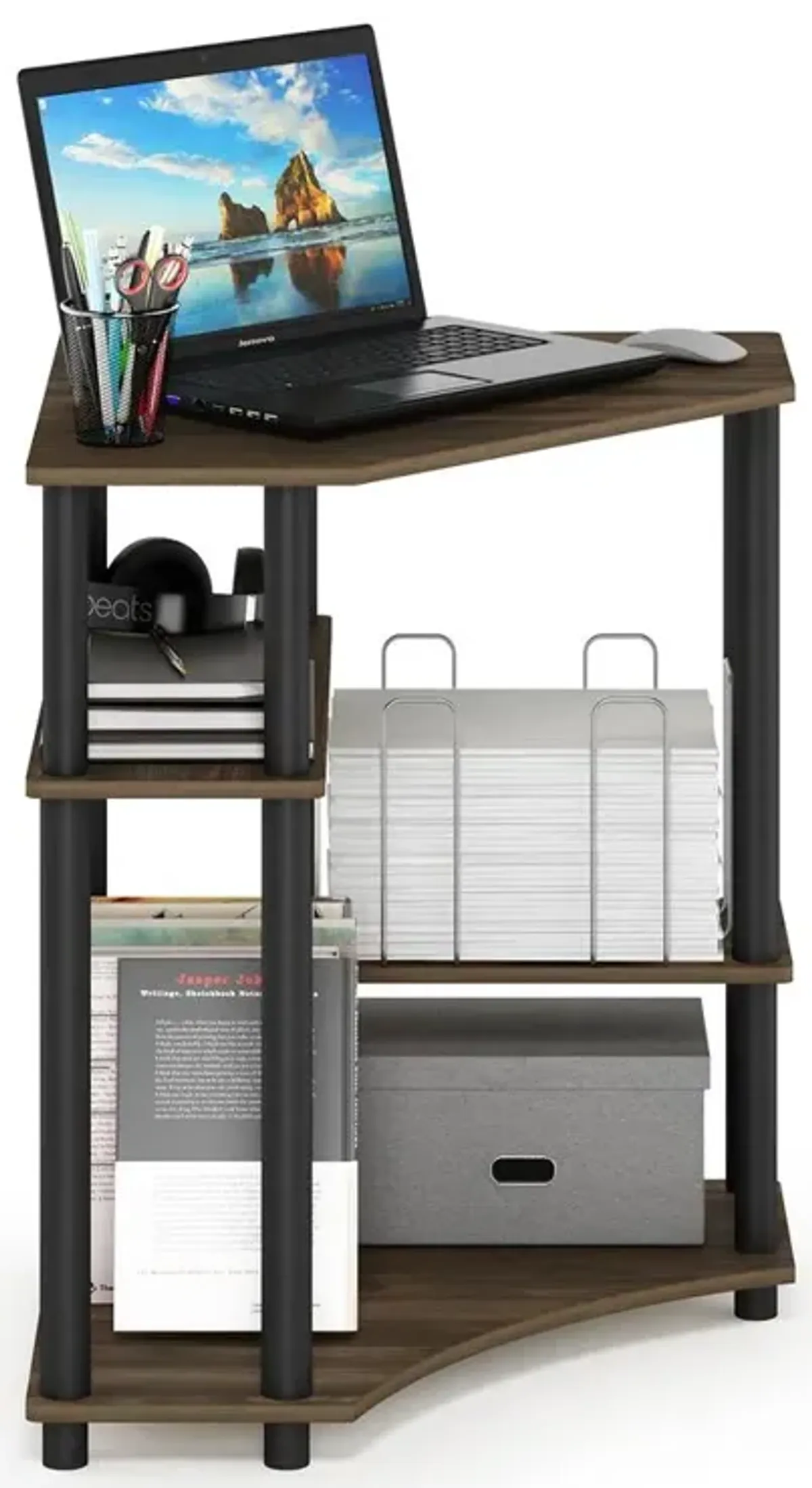 Furinno Turn-N-Tube Space Saving Corner Desk with Shelves, Columbia Walnut/Black