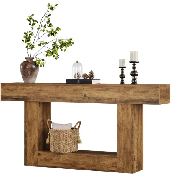 63 Inches Long Console Table, 2-Tier Farmhouse Sofa Table Behind Couch, Large Narrow Entryway Table for Living Room, Wooden Hallway Foyer Table with Heavy Duty Base, Rustic Brown