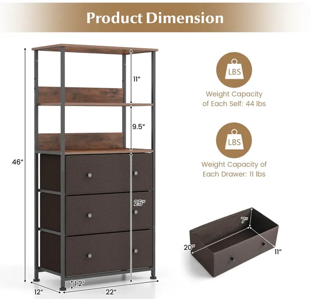 Chest of Fabric Drawer with 3 Folding Fabric Drawers and Anti-tipping Devices-Brown