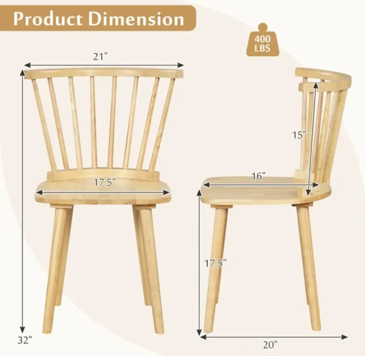 Hivvago Windsor Dining Chairs Set of 2 Rubber Wood Kitchen Chairs with Spindle Back