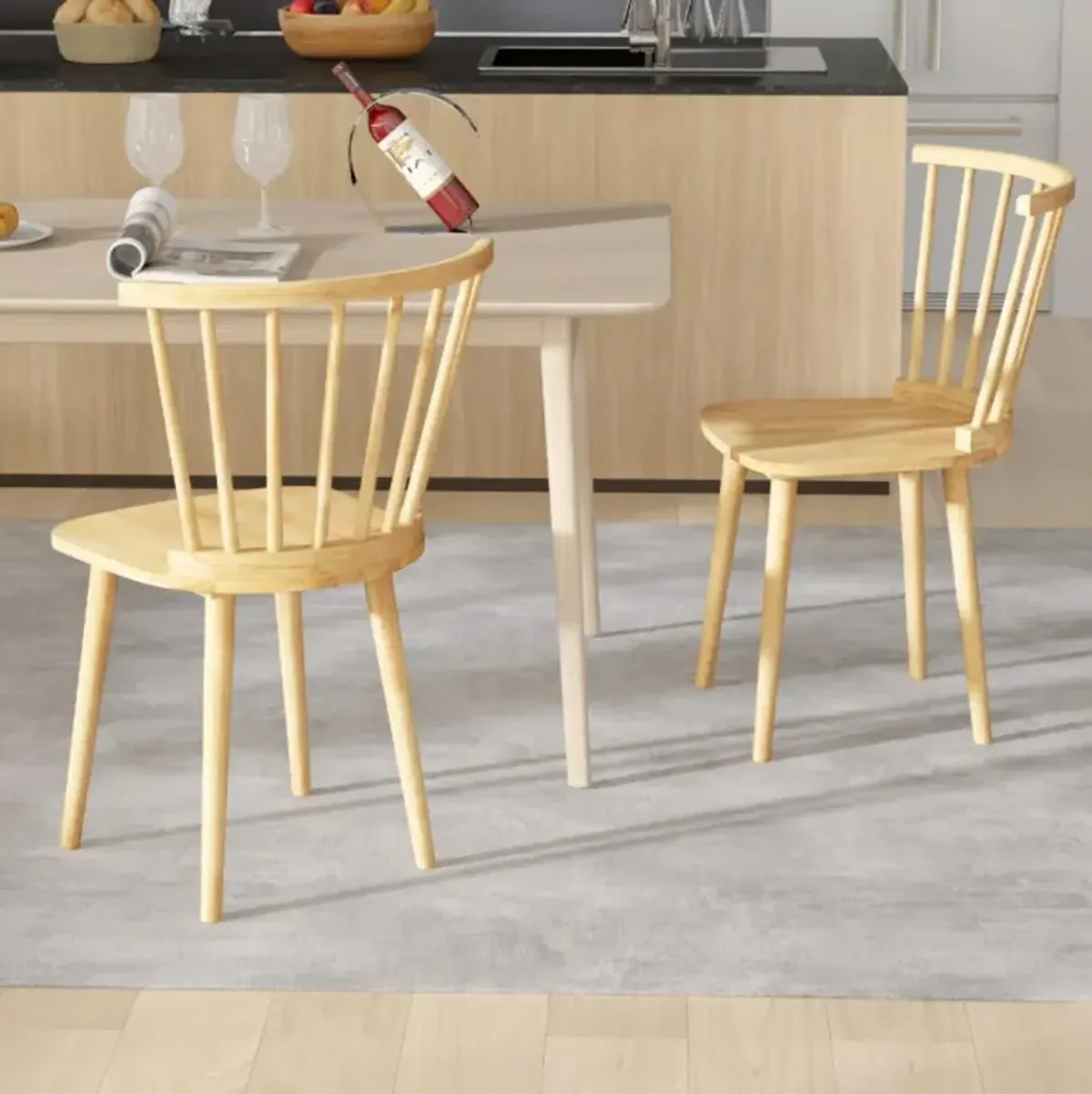 Hivvago Windsor Dining Chairs Set of 2 Rubber Wood Kitchen Chairs with Spindle Back