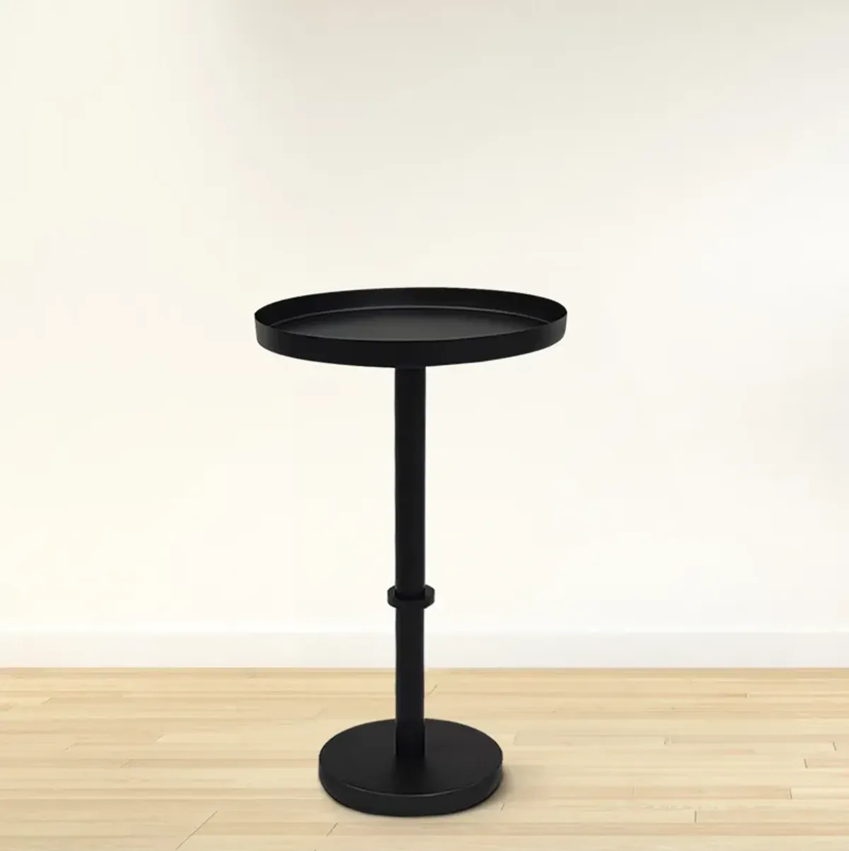 Ara 12 Inch Side End Table, Vintage Sleek Pillar Base, Round Tray Top, Matte Black