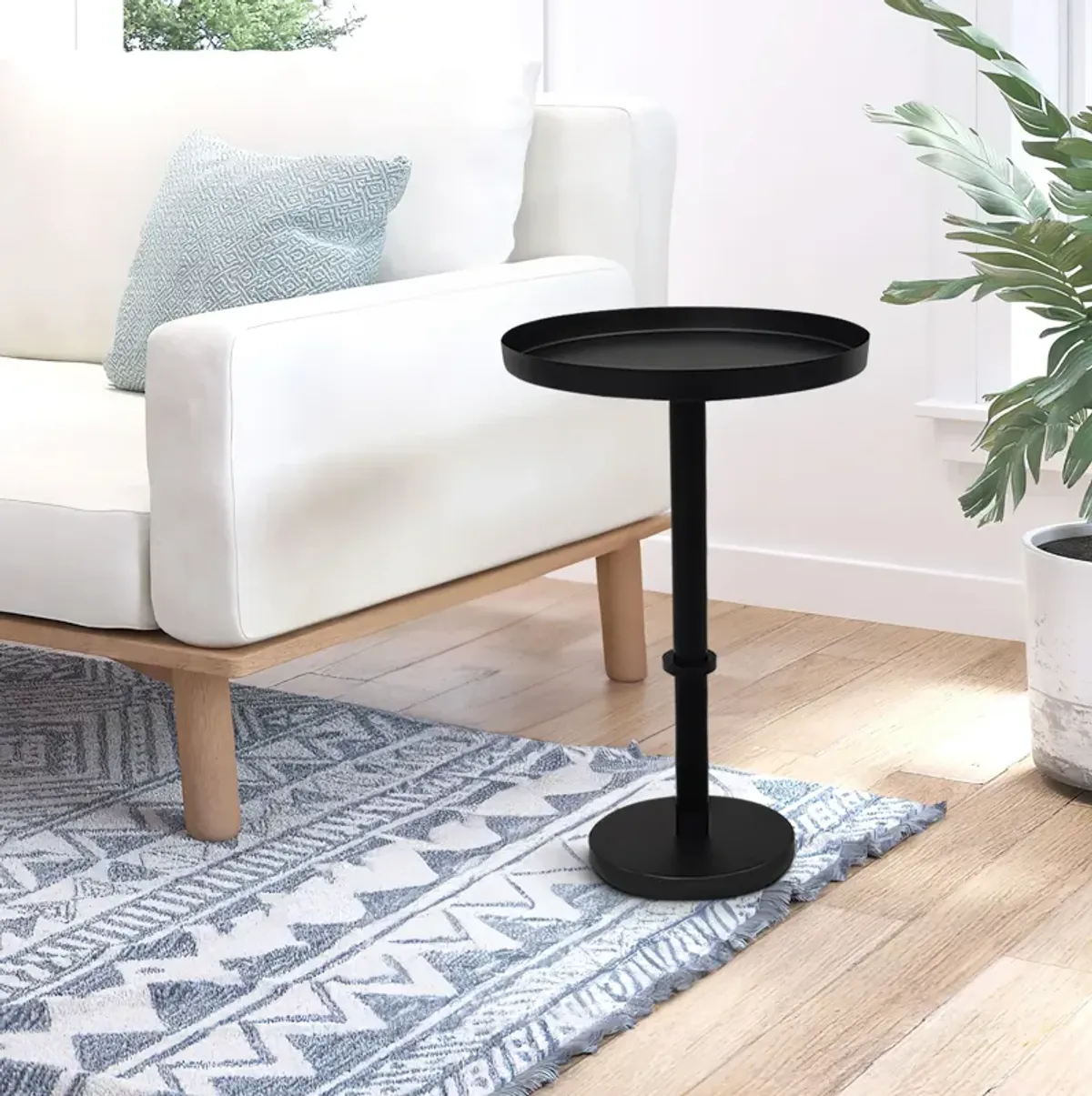 Ara 12 Inch Side End Table, Vintage Sleek Pillar Base, Round Tray Top, Matte Black