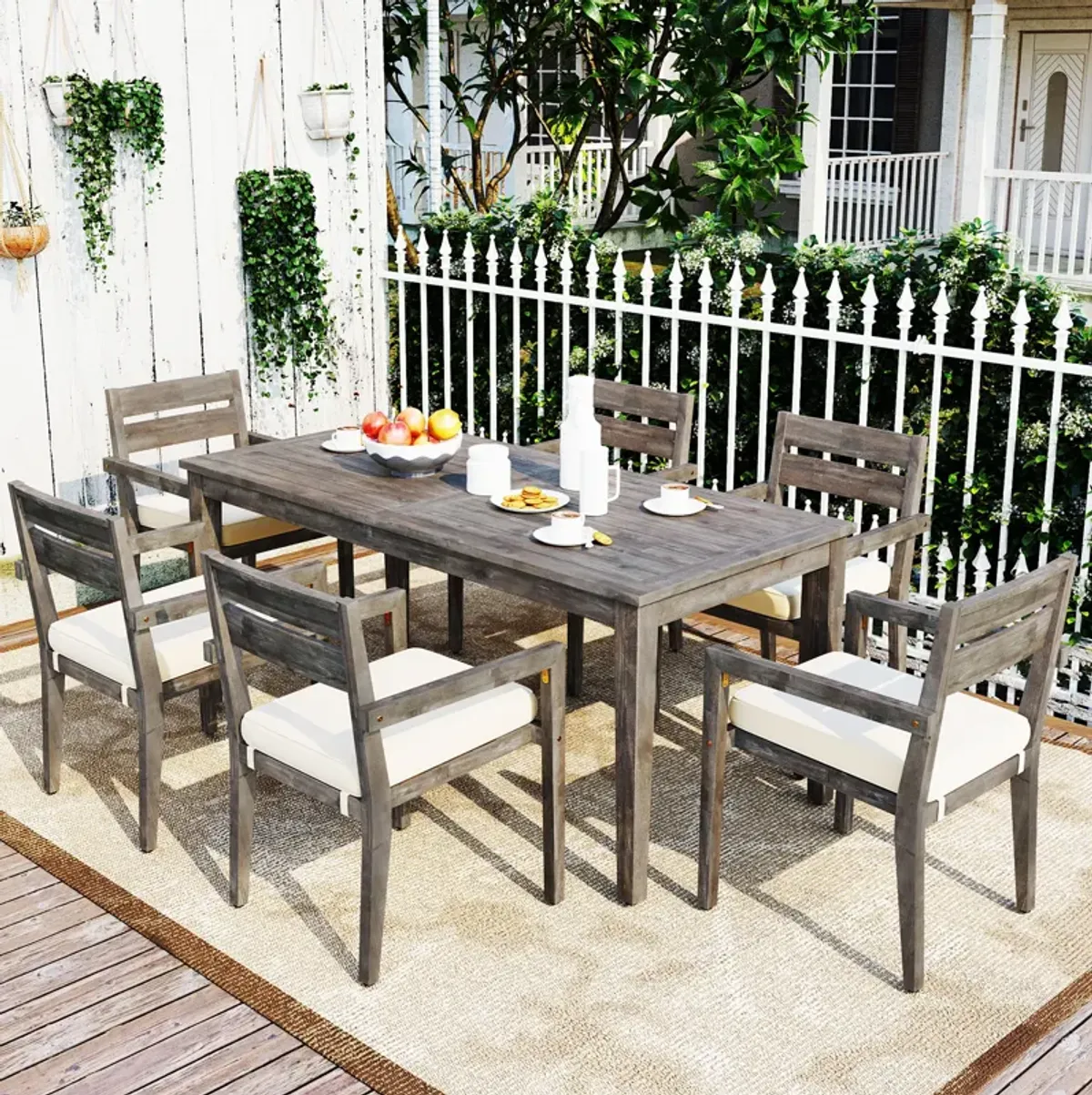 Merax Acacia Wood Outdoor Dining Table Set with 6 Chairs