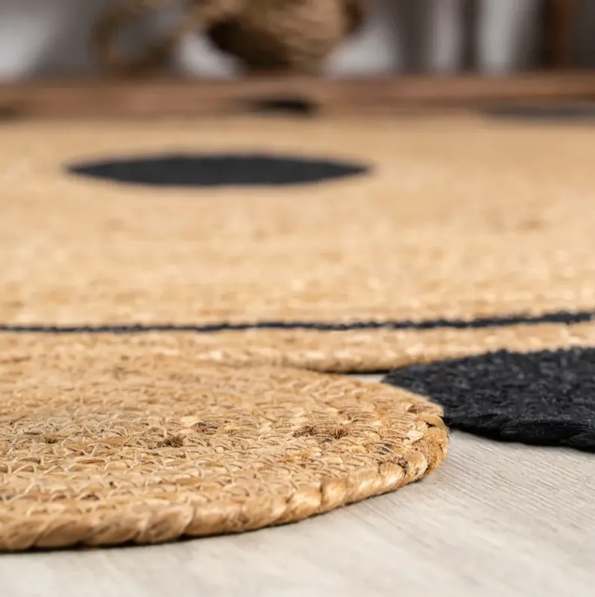 Aurora Two-Tone Jute Hippy Circle Medallion Black/Natural Round Area Rug