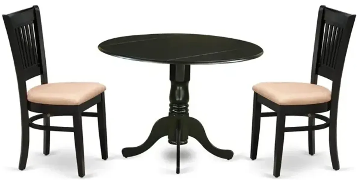 East West Furniture - DLVA3-BLK-C - 3-Piece Dining Table Set- 2 Wooden Chair with Linen Fabric Seat and Slatted Chair Back - Drop Leaves Modern Dining Room Table - Black Finish