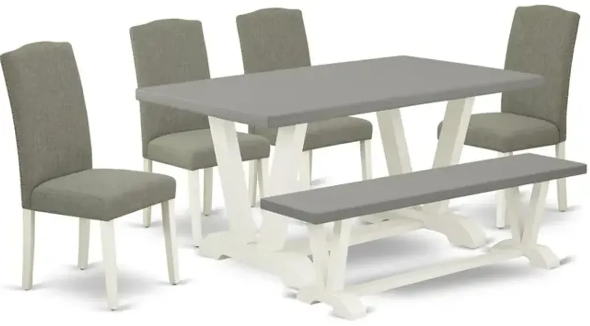 East West Furniture 6-Piece Gorgeous Dining Room Set a Great Cement Color Wood Dining Table Top and Cement Color Dining Room Bench and 4 Amazing Linen Fabric Parson Chairs with Nail Heads and Stylish