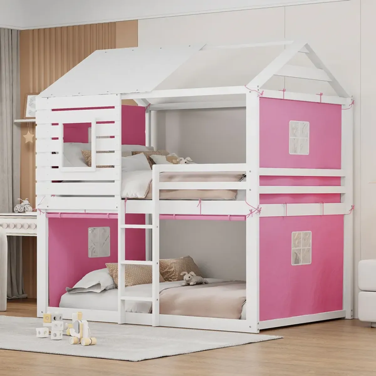 Merax Wood House Bunk Bed with Tent