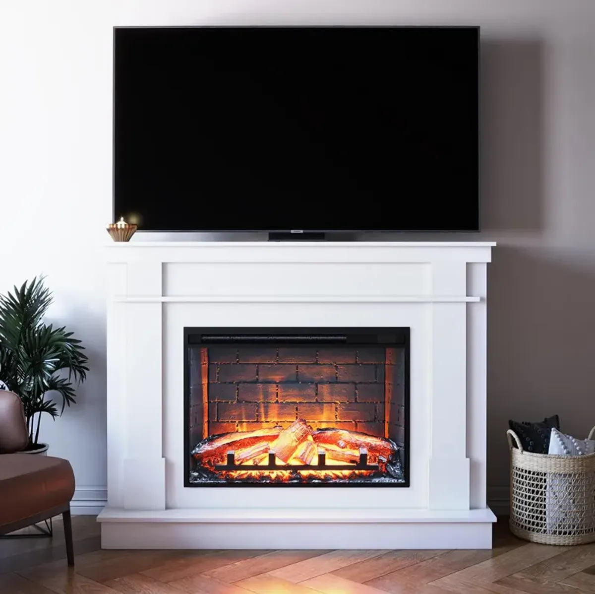 Elmcroft Mantel Fireplace TV Stand for TVs up to 65", White