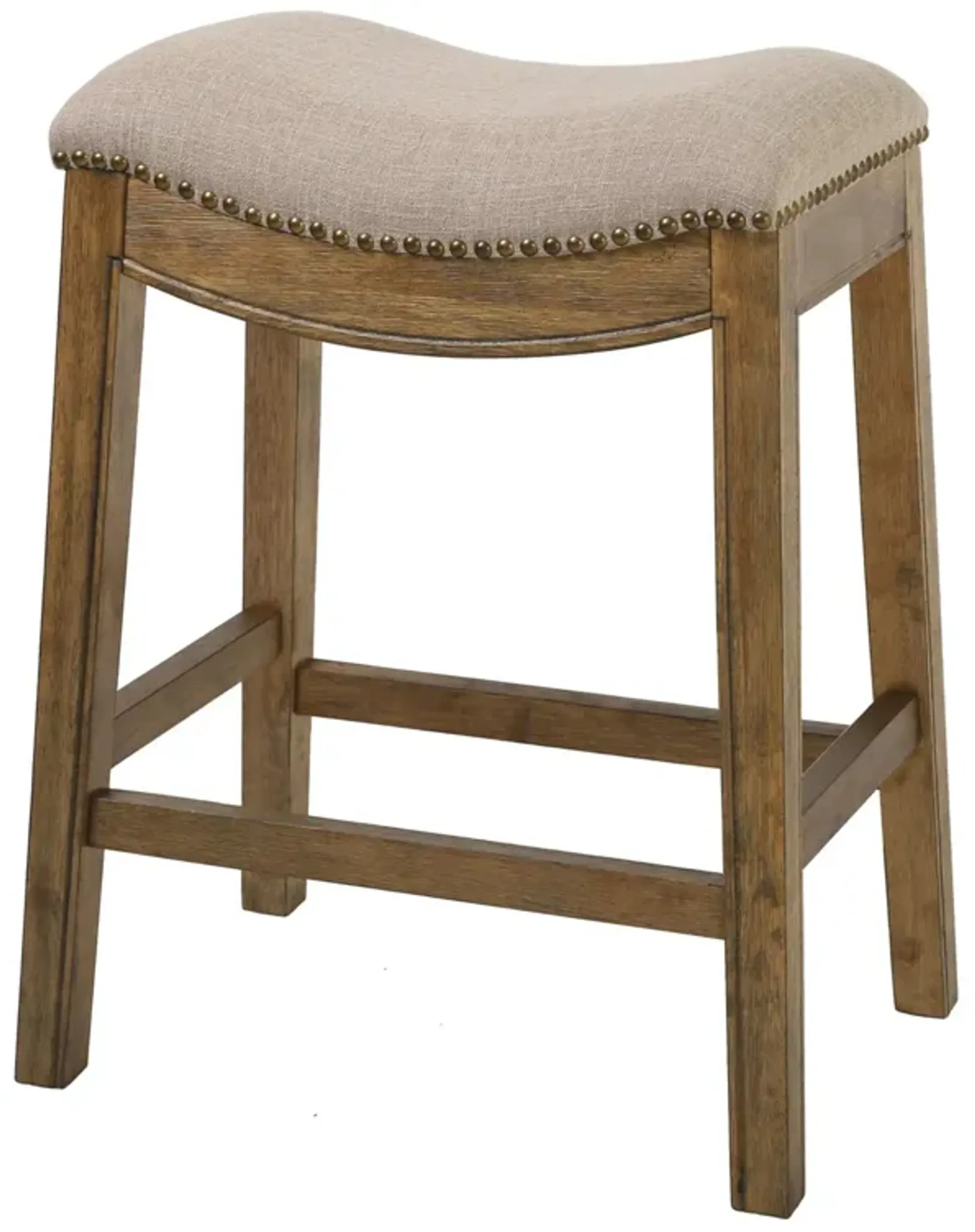 New Ridge Home Goods Sadie 25in. H Saddle Natural Wood Counter-Height Barstool with Cobble Gray Fabric