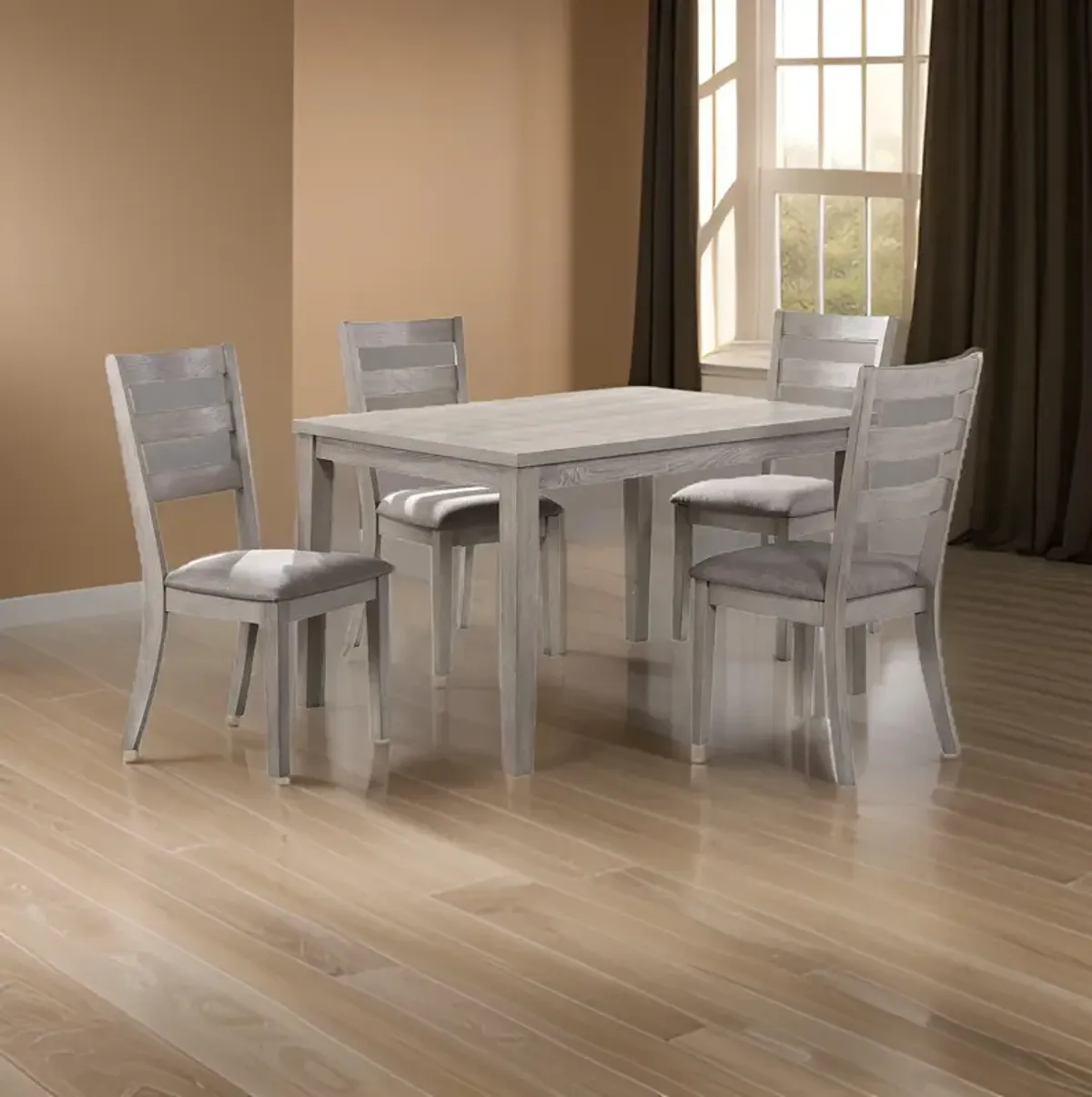 5 Piece Dining Set, Rectangular Table, 4 Chairs, Padded Seating, Light Gray - Benzara