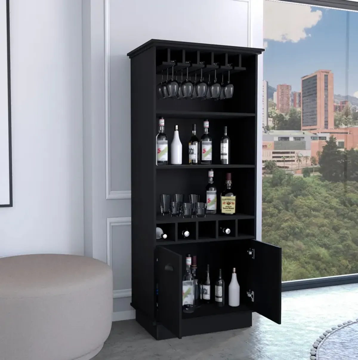 Dundee 70-Inch High 10-Glass Bar Cabinet with 5 Cubbies and 3 Open Shelves and Cabinet