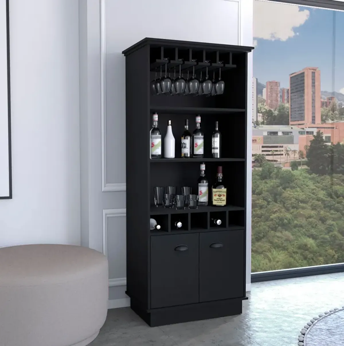 Dundee 70-Inch High 10-Glass Bar Cabinet with 5 Cubbies and 3 Open Shelves and Cabinet